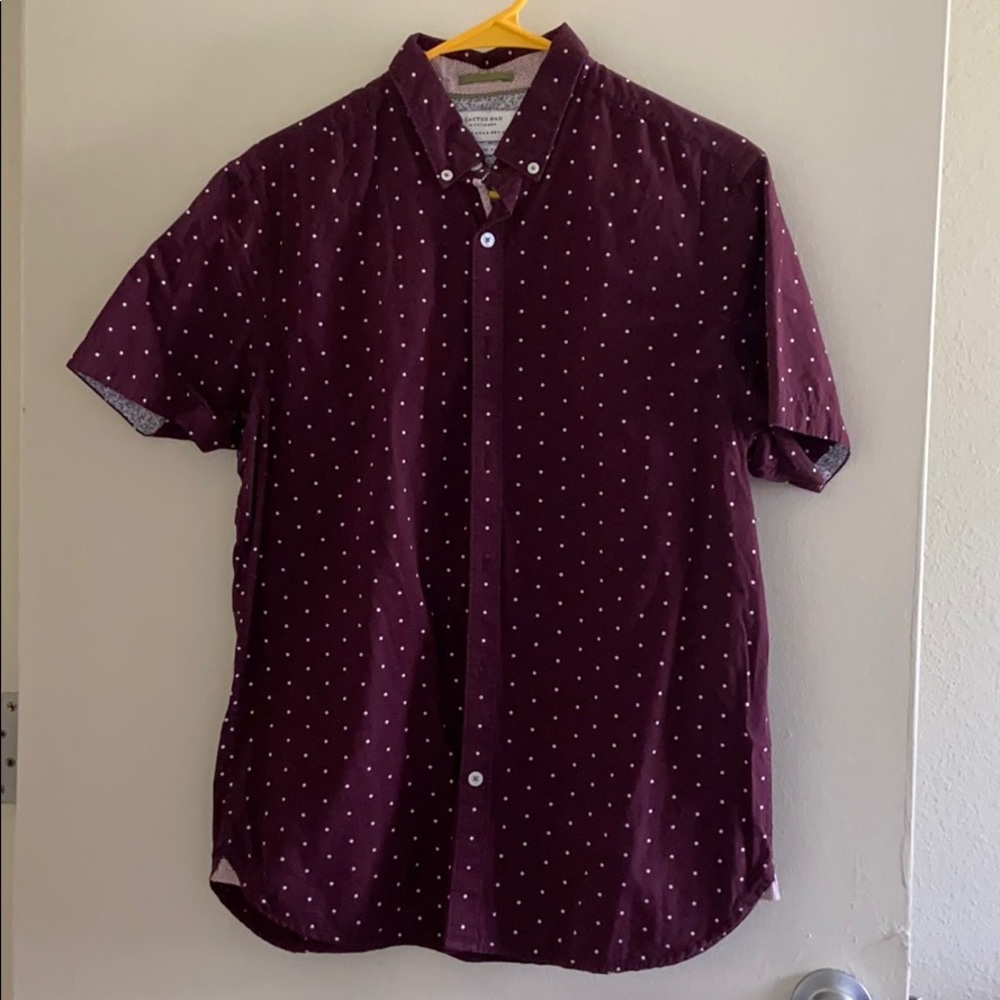Men’s Maroon, White Polkadot Casual Button Down